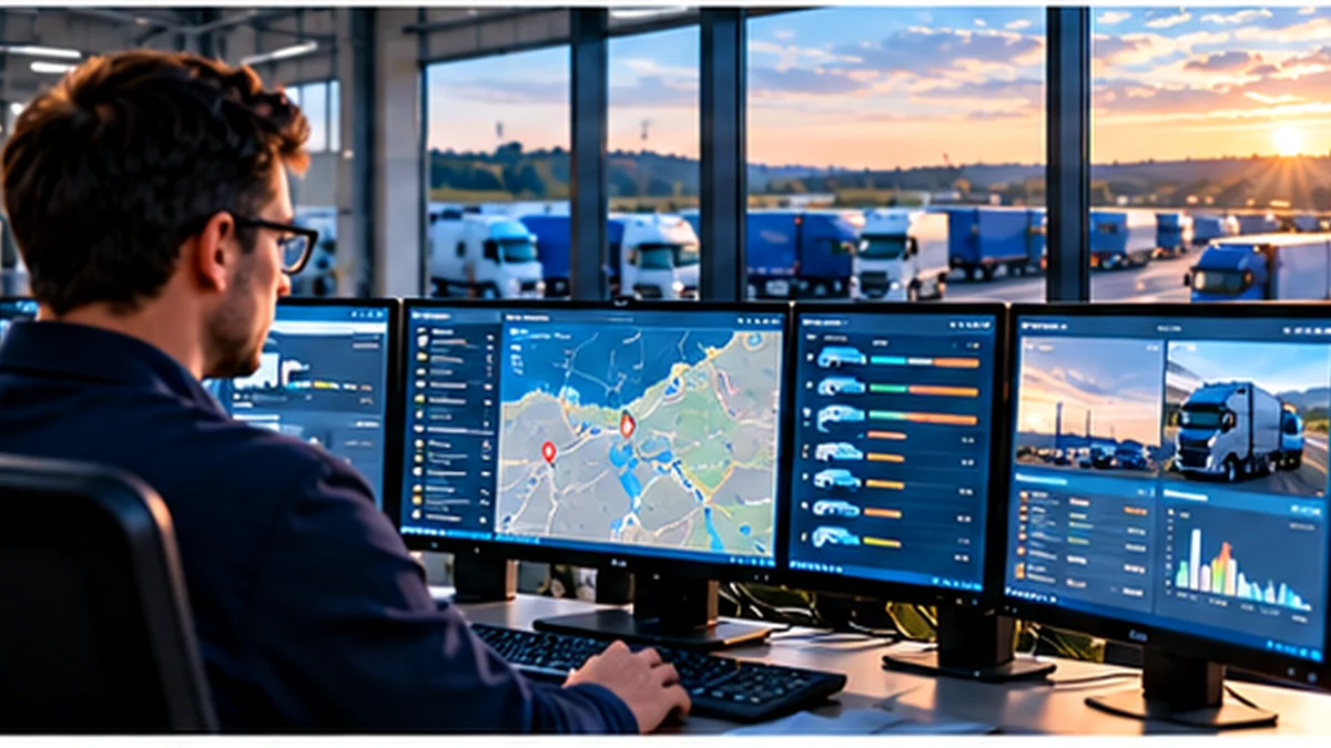 Salle de pilotage transport avec flotte de camions et données CRM SaaS