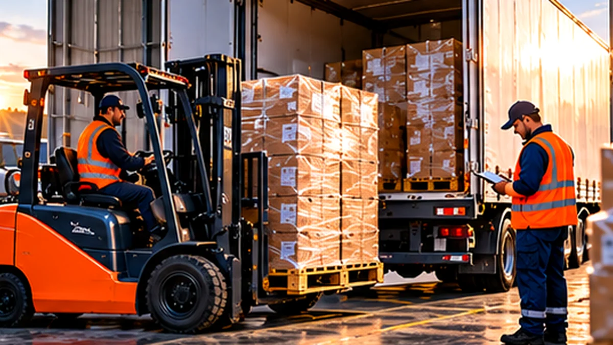 Cariste préparant et contrôlant une palette fragile avant transport