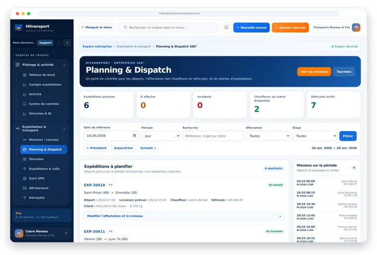 Planning et dispatch : départs, affectations et alertes d’exploitation
