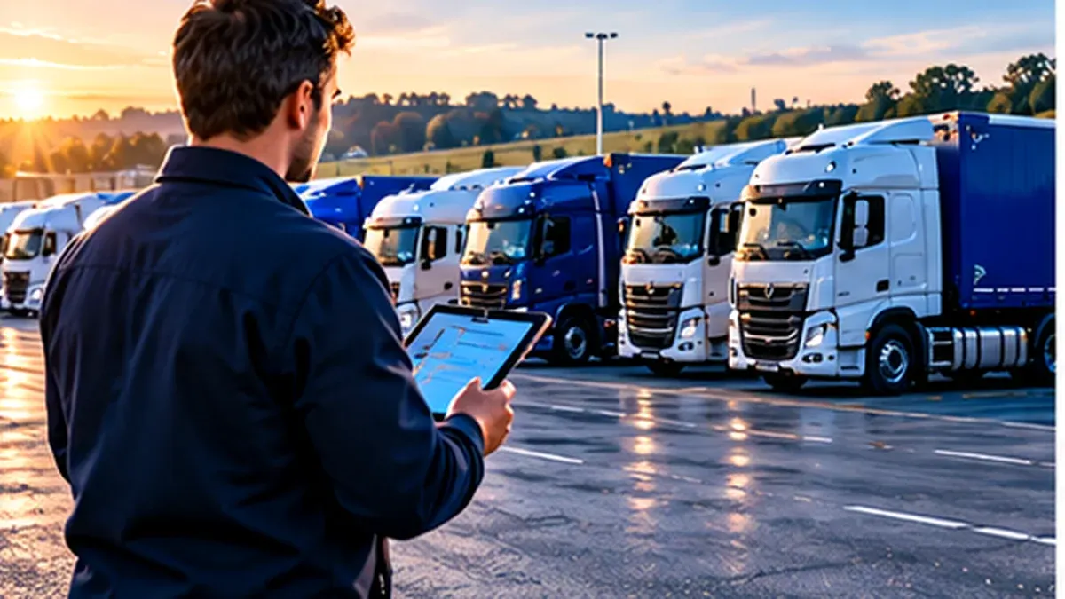 Responsable de flotte devant des camions avec une tablette